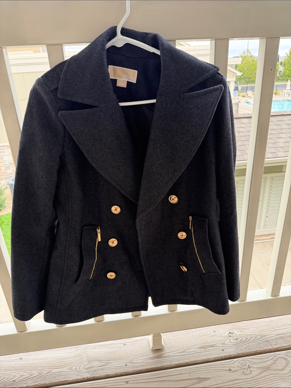 Michael Kors Black Wool Double-Breasted Peacoat with Gold Buttons